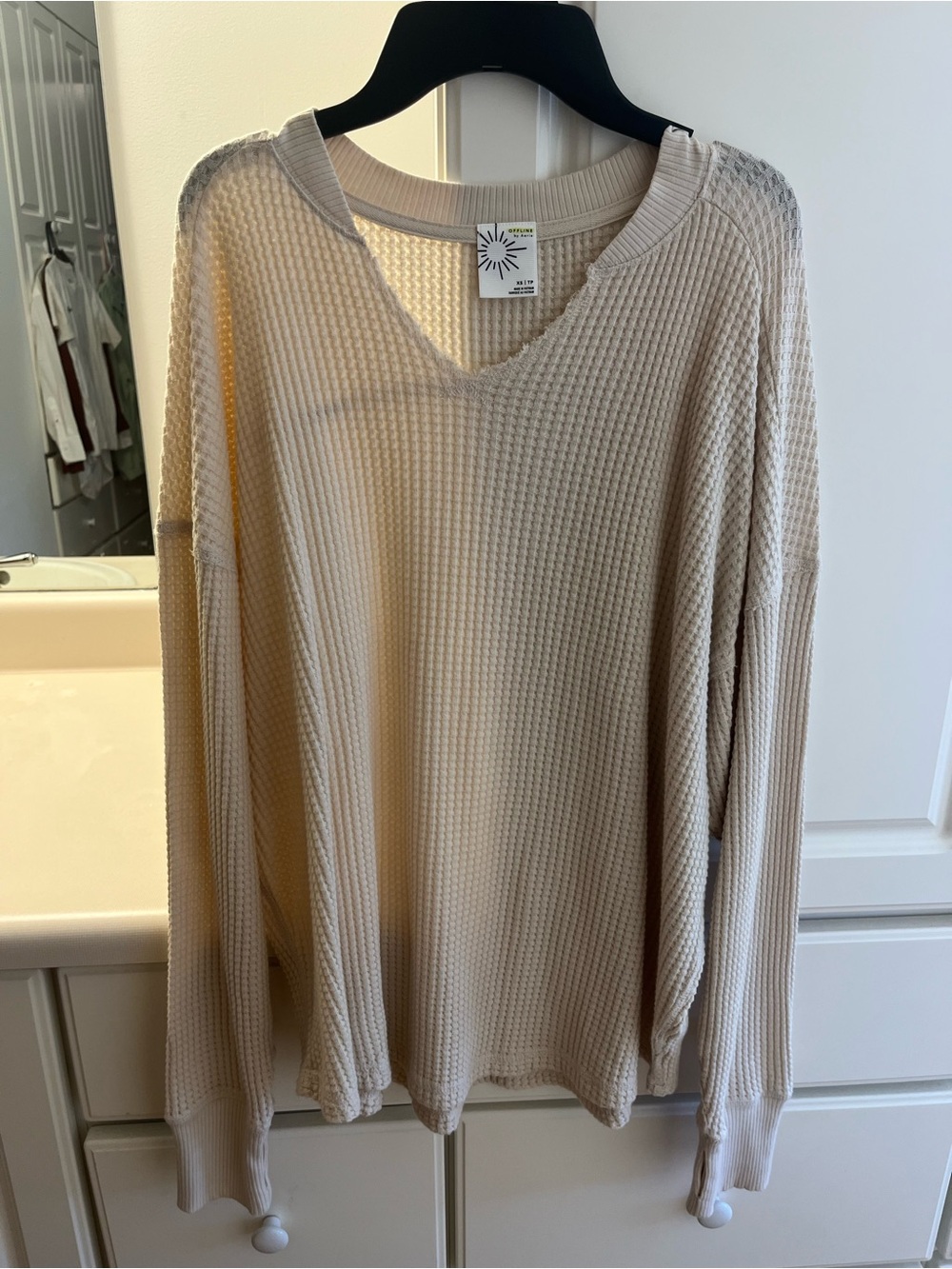 aerie Beige Waffle-Knit V-Neck Sweater